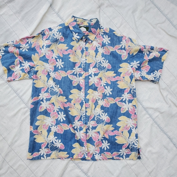 VINTAGE Chapman's Blue Pink Yellow Floral Pastel Short Sleeve Button Down Sz:XL - Picture 1 of 6